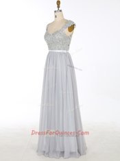 Shining Grey A-line Chiffon V-neck Sleeveless Beading and Appliques Floor Length Zipper Evening Dress