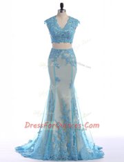 Modern Mermaid Lace Prom Dresses Blue Zipper Sleeveless With Brush Train