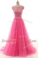 Hot Pink Lace Zipper Prom Dress Short Sleeves Floor Length Beading