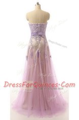 High Class Lilac Empire Sweetheart Sleeveless Organza Brush Train Zipper Lace and Appliques and Belt Prom Dresses