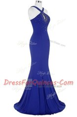 Mermaid Elastic Woven Satin Halter Top Sleeveless Brush Train Zipper Beading Prom Gown in Royal Blue