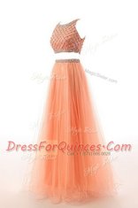 Hot Sale Scoop Beading and Belt Dress for Prom Orange Side Zipper Sleeveless Sweep Train