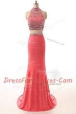 Ideal Watermelon Red Sleeveless Brush Train Beading and Appliques and Belt Prom Party Dress