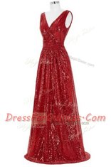 Red V-neck Neckline Sequins Prom Dresses Sleeveless Zipper