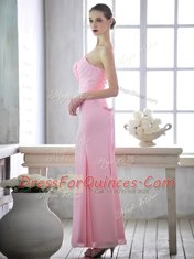 Most Popular One Shoulder Chiffon Sleeveless Ankle Length Prom Party Dress and Ruching and Hand Made Flower