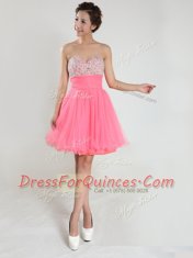Pink A-line Chiffon Sweetheart Sleeveless Beading Knee Length Lace Up Homecoming Dress