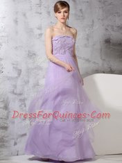 High Quality Lavender Tulle Side Zipper Strapless Sleeveless Floor Length Dress for Prom Lace