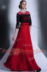 High Class Scoop Red And Black 3 4 Length Sleeve Floor Length Beading and Appliques Clasp Handle Homecoming Dress