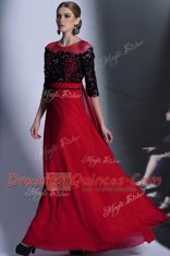High Class Scoop Red And Black 3 4 Length Sleeve Floor Length Beading and Appliques Clasp Handle Homecoming Dress