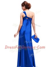 Royal Blue Column/Sheath Satin One Shoulder Sleeveless Ruching Floor Length Criss Cross Dress for Prom