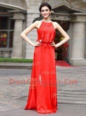 Scoop Coral Red Zipper Homecoming Dress Beading and Appliques Sleeveless Floor Length