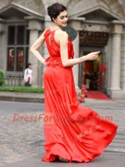 Scoop Coral Red Zipper Homecoming Dress Beading and Appliques Sleeveless Floor Length