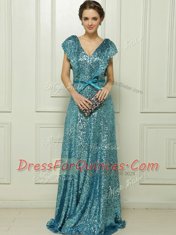 Sequined V-neck Sleeveless Zipper Sequins and Bowknot Evening Dress in Teal