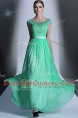 Scoop Floor Length Side Zipper Prom Evening Gown Turquoise for Prom and Party with Beading