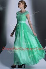 Scoop Floor Length Side Zipper Prom Evening Gown Turquoise for Prom and Party with Beading