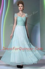 Sumptuous Floor Length Side Zipper Evening Dress Light Blue for Prom and Party with Beading and Lace