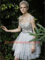 Stylish White Backless Straps Beading and Ruffles Prom Gown Organza Sleeveless