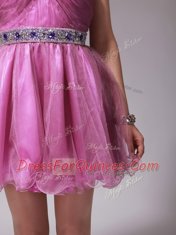 Halter Top Sleeveless Organza Mini Length Zipper Evening Dress in Rose Pink with Beading