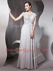 New Style Bateau Cap Sleeves Chiffon Prom Evening Gown Appliques and Ruching Side Zipper
