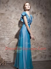 Floor Length Teal Prom Dress Tulle Cap Sleeves Sequins
