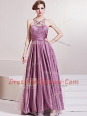 Scoop Sleeveless Taffeta Floor Length Zipper Prom Gown in Lilac with Beading and Ruching