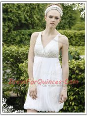 Ideal Column/Sheath Prom Party Dress White V-neck Chiffon Sleeveless Knee Length Criss Cross