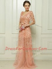 Peach Zipper Prom Dress Beading and Appliques Cap Sleeves With Brush Train