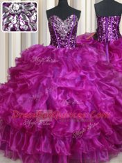 Custom Design Floor Length Lace Up Sweet 16 Dress Purple for Military Ball and Sweet 16 and Quinceanera with Beading and Ruffles and Sequins
