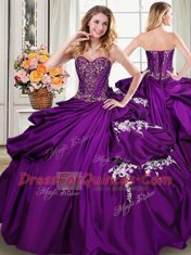 Colorful Floor Length Purple Ball Gown Prom Dress Taffeta Sleeveless Beading and Appliques and Pick Ups