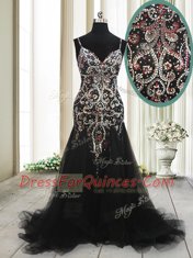 Ideal Mermaid With Train Black Evening Dress Tulle Brush Train Sleeveless Beading and Appliques