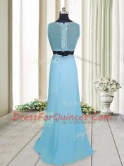 Chiffon Scoop Sleeveless Zipper Beading Prom Party Dress in Aqua Blue