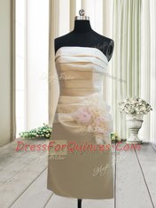 Champagne Column/Sheath Strapless Sleeveless Satin Mini Length Zipper Ruching and Hand Made Flower Prom Dress