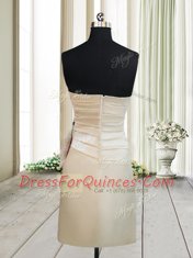 Champagne Column/Sheath Strapless Sleeveless Satin Mini Length Zipper Ruching and Hand Made Flower Prom Dress