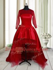 Customized Wine Red Scoop Neckline Bowknot Prom Gown Long Sleeves Clasp Handle