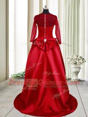 Customized Wine Red Scoop Neckline Bowknot Prom Gown Long Sleeves Clasp Handle