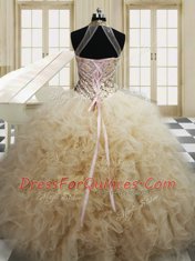 Halter Top Beading and Ruffles Quince Ball Gowns Champagne Lace Up Sleeveless Floor Length