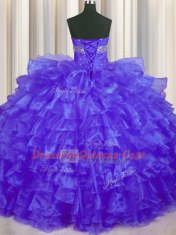 Comfortable Sweetheart Sleeveless Organza Quince Ball Gowns Beading and Ruffled Layers Lace Up