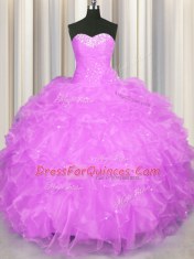 Nice Lilac Lace Up Sweet 16 Dresses Beading and Ruffles Sleeveless Floor Length
