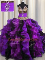 Clearance Leopard Multi-color Organza Lace Up V-neck Sleeveless Floor Length Quinceanera Gown Beading and Ruffles
