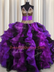 Clearance Leopard Multi-color Organza Lace Up V-neck Sleeveless Floor Length Quinceanera Gown Beading and Ruffles