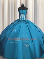 Inexpensive Teal Ball Gowns Sweetheart Short Sleeves Taffeta Floor Length Lace Up Beading and Appliques and Ruching 15th Birthday Dress