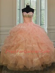Modern Peach Sweetheart Lace Up Beading and Ruffles 15th Birthday Dress Sleeveless