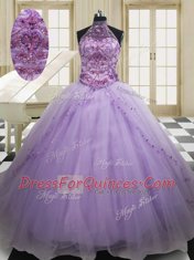 Exceptional Halter Top Lavender Sleeveless Tulle Sweep Train Lace Up Sweet 16 Quinceanera Dress for Military Ball and Sweet 16 and Quinceanera