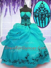 Elegant Strapless Sleeveless Quince Ball Gowns Floor Length Embroidery Turquoise Organza