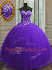 Custom Designed Sleeveless Tulle Floor Length Lace Up Vestidos de Quinceanera in Purple with Beading and Sequins