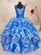 Enchanting Sleeveless Organza Floor Length Lace Up Quinceanera Dress in Royal Blue with Beading and Ruffles