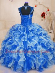 Enchanting Sleeveless Organza Floor Length Lace Up Quinceanera Dress in Royal Blue with Beading and Ruffles