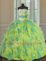 Romantic Floor Length Lace Up Sweet 16 Dresses Multi-color for Military Ball and Sweet 16 and Quinceanera with Beading and Appliques and Ruffles and Sashes ribbons and Hand Made Flower
