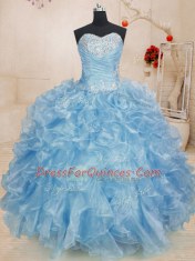 Organza Sweetheart Sleeveless Lace Up Beading and Ruffles Quinceanera Dress in Blue