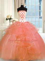 Elegant Orange Strapless Lace Up Pick Ups and Hand Made Flower Quinceanera Dresses Sleeveless